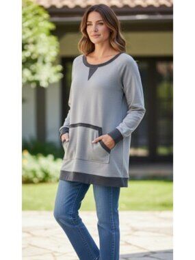 CURVES Gray Long Sleeve Tunic Kangaroo Pocket Ladies L 14-16